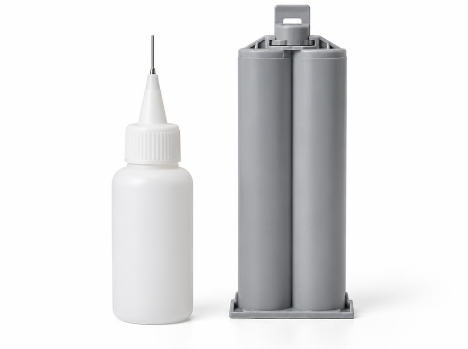 Solvent cement bottle with needle applicator beside a two-part adhesive cartridge