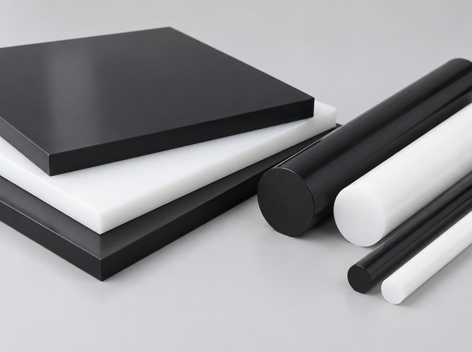 Black and white acetal POM sheet and rod with machined edges