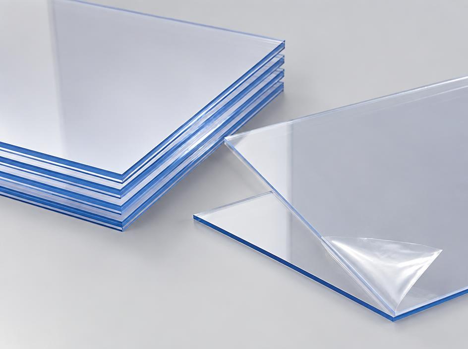 Clear PETG plastic sheets with protective film peeled back